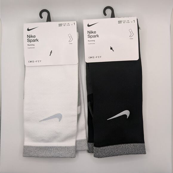 Nike Spark 2pk Cushion Running Crew Socks - White/Black - W(11.5-13) M(10-11.5) - Picture 1 of 9